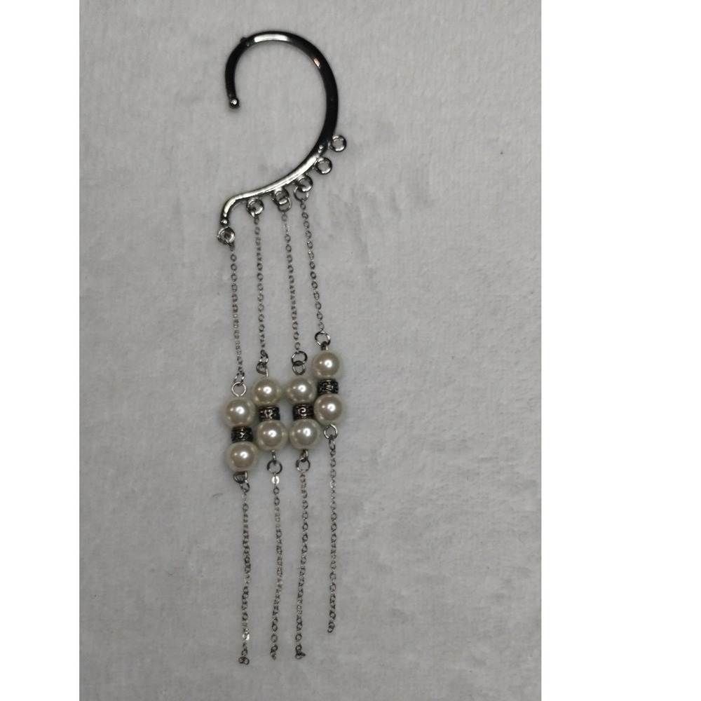 Silver Tone Faux Pearl Dangle Tassel Ear Cuff Hook Earring Non-Pierced Statement